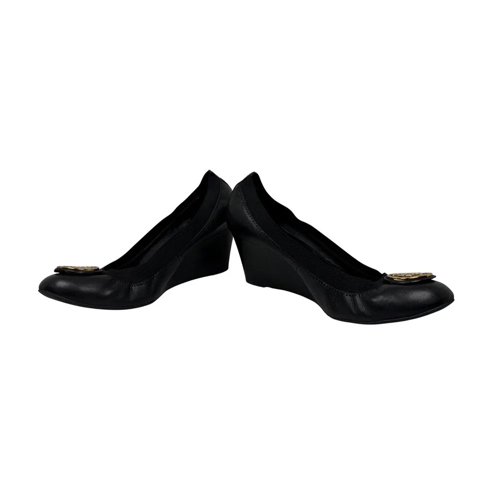 TORY BURCH Black Leather Caroline Wedge Pumps, Size 10